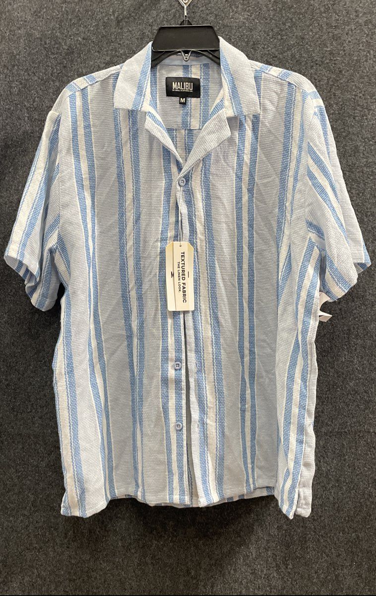 Malibu By Drill Clothing Co Men's Blue Striped Short Sleeve Polo Shirt NWT Sz M
