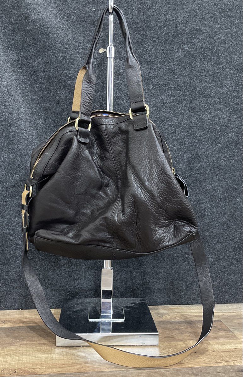 Brown Pebbled Leather Tote Satchel Bag Gold Hardware Adjustable Strap Large