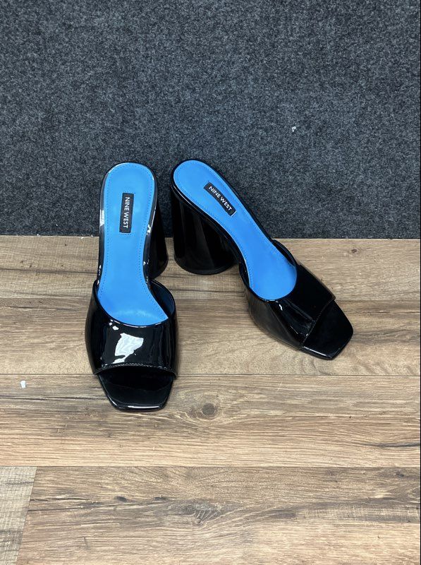 Nine West Excit Black Patent Square Toe Block Heel Slide Sandals Size 9.5 M