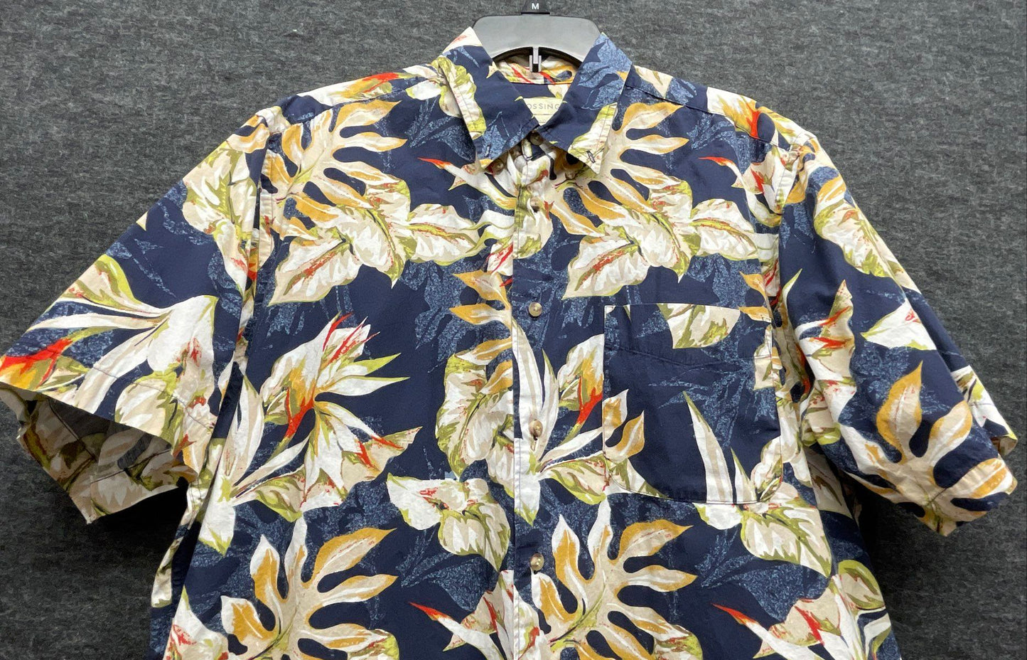 Vintage Y2K Crossings Men's Navy Blue Floral Bird of Paradise Cotton Shirt Sz L