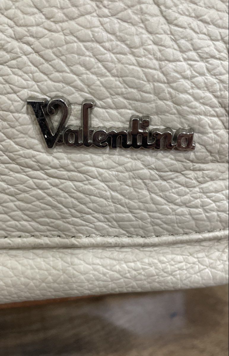Valentina White Pebbled Leather Hobo Shoulder Bag Tan Trim Silver Tone Logo