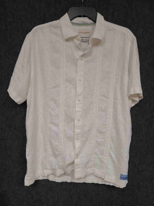 Scotch & Soda Men's Off White Linen Blend Pintuck Short Sleeve Shirt Size L