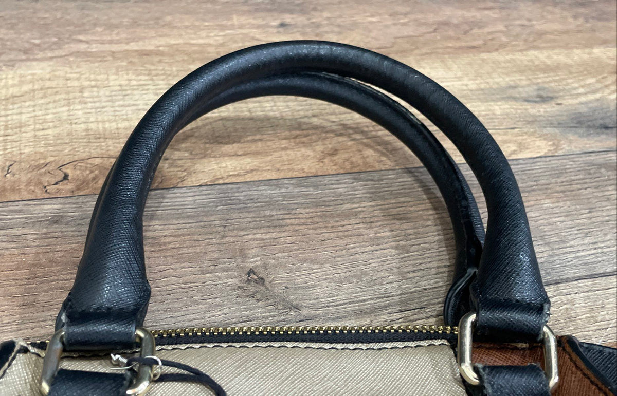 Calvin Klein Brown Black Leather Patchwork Satchel Handbag Gold Hardware
