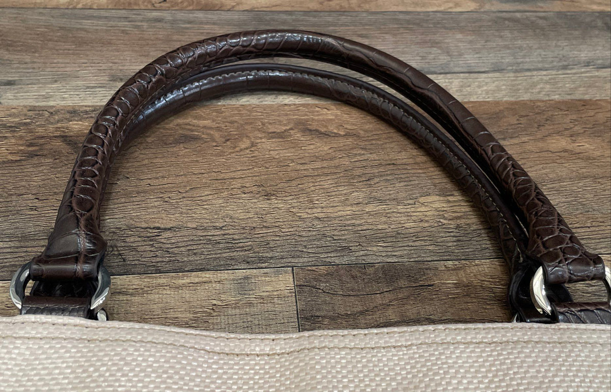 Croft & Barrow Cream Woven Fabric Tote Bag Brown Faux Croc Trim Large