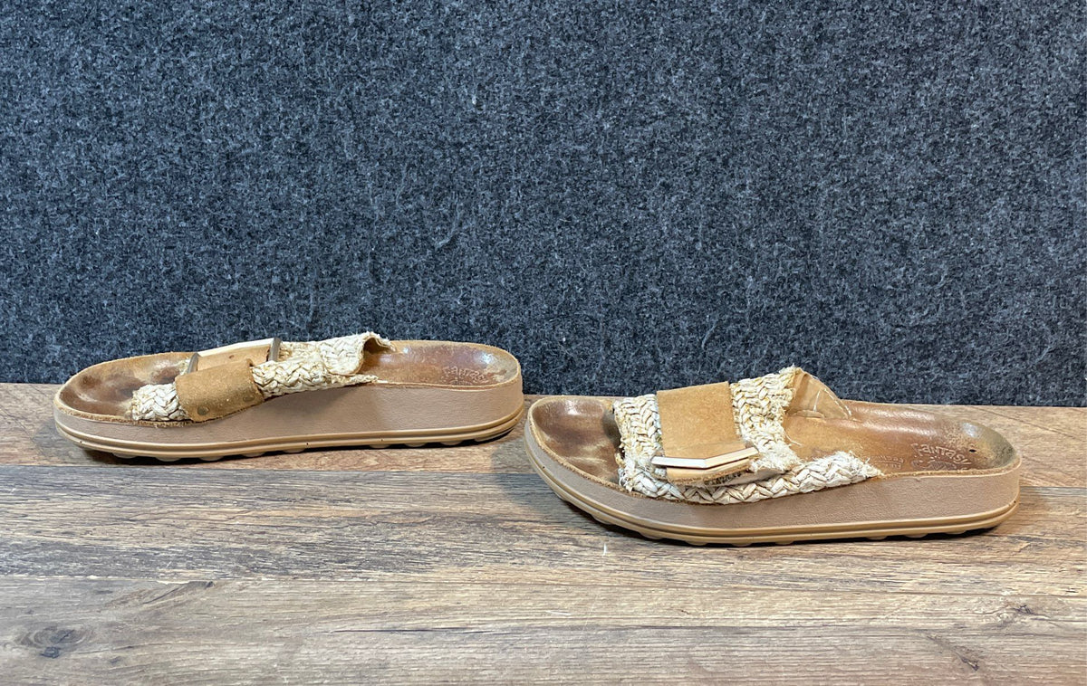 Fantasy Sandals Tan Gold Woven Suede Slide Sandals Size 38