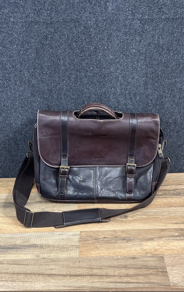 Samsonite Dark Brown Leather Briefcase Messenger Laptop Bag Adjustable Strap