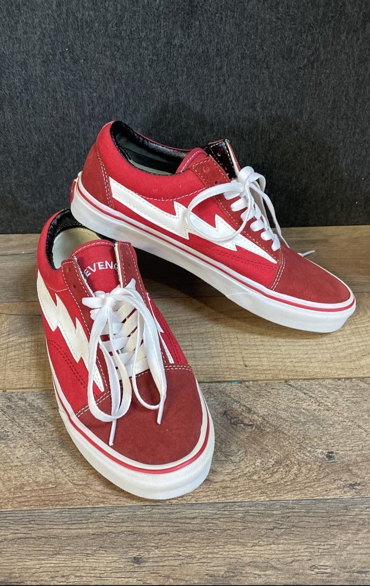 Revenge x Storm Red White Bolt Low Top Skate Sneakers Men's Size 7