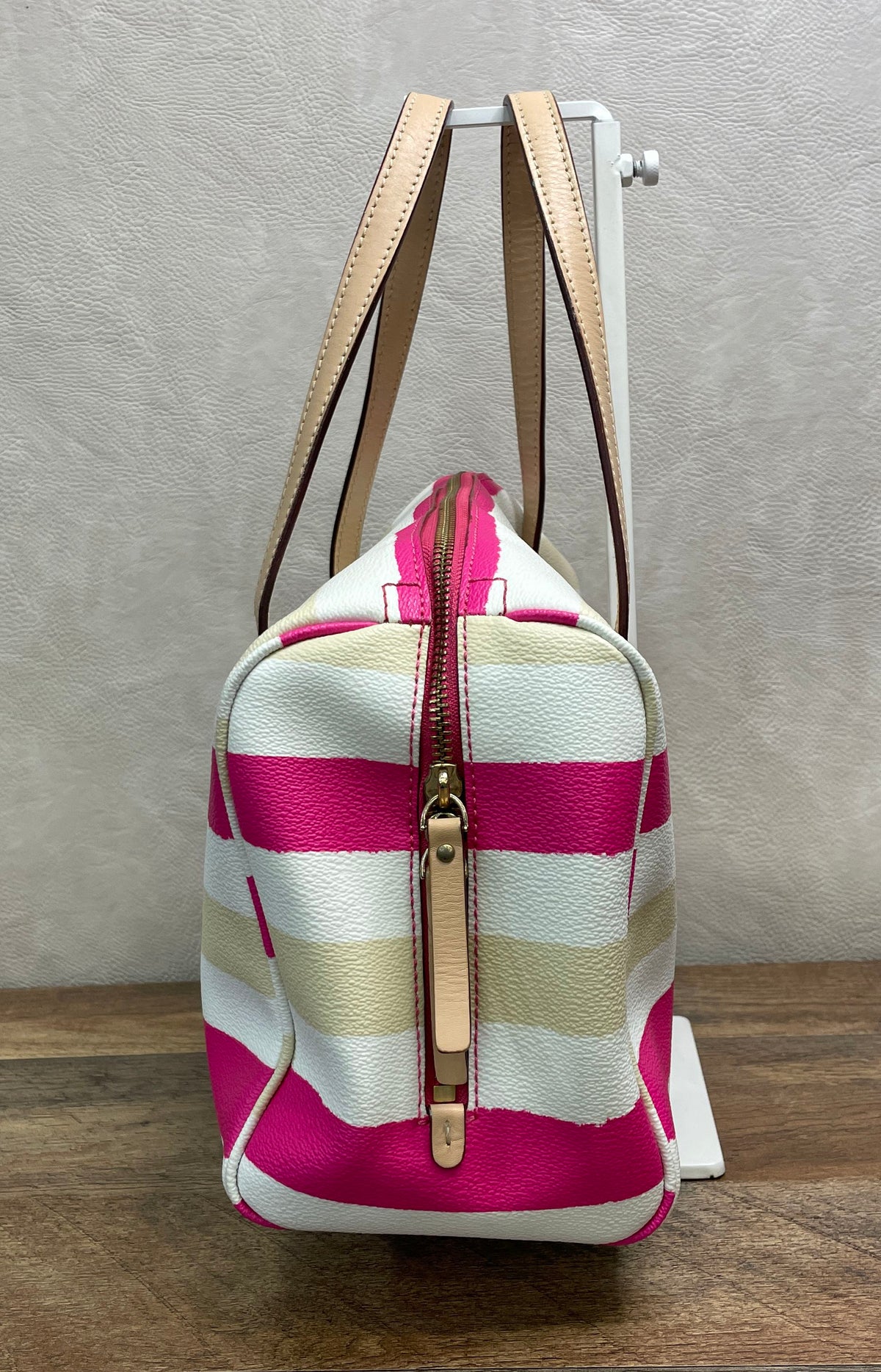 Kate Spade Pink White Cream Striped Leather Satchel Bag Gold Hardware