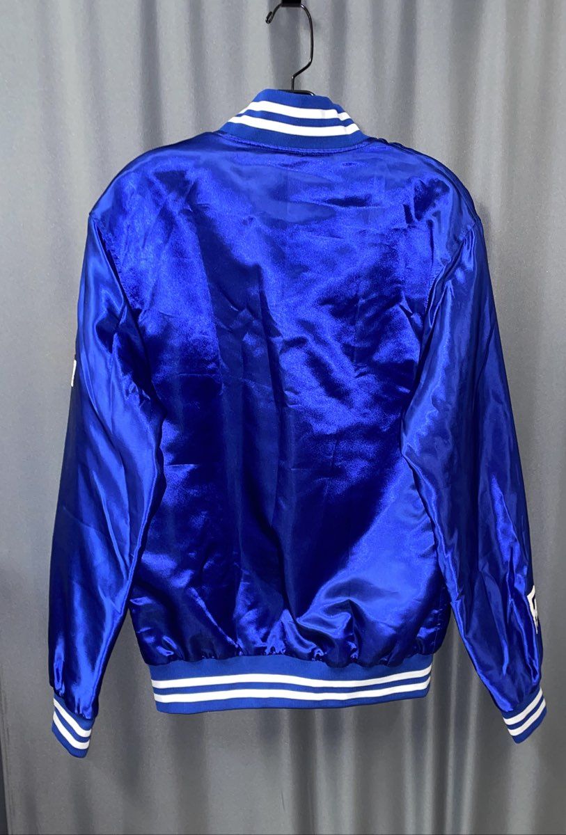 Private Property Men's Blue Satin Varsity Bomber Jacket Embroidered Snap Sz S