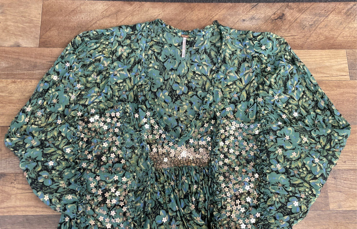 Free People Women's Night Shimmer Green Floral Sequined Ruffle Tunic Dress Sz S