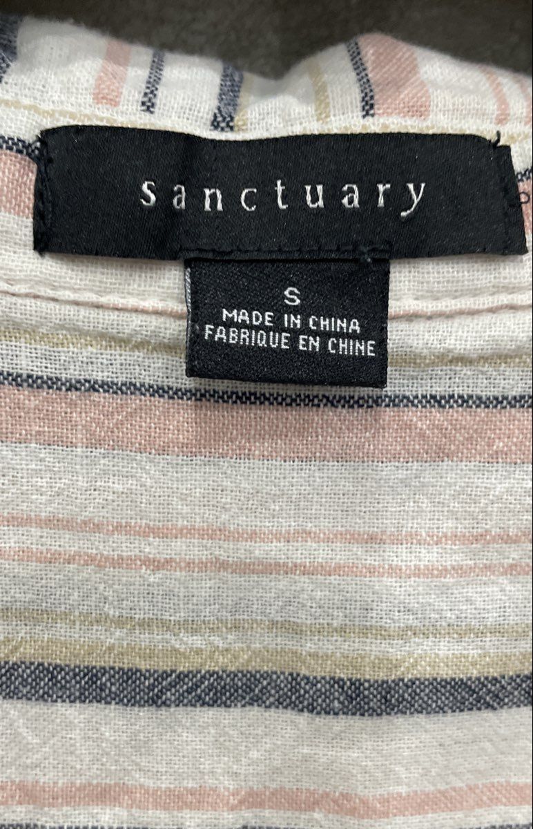 Sanctuary Women's White Striped Cotton Linen Blend Roll Tab Sleeve Shirt Sz S