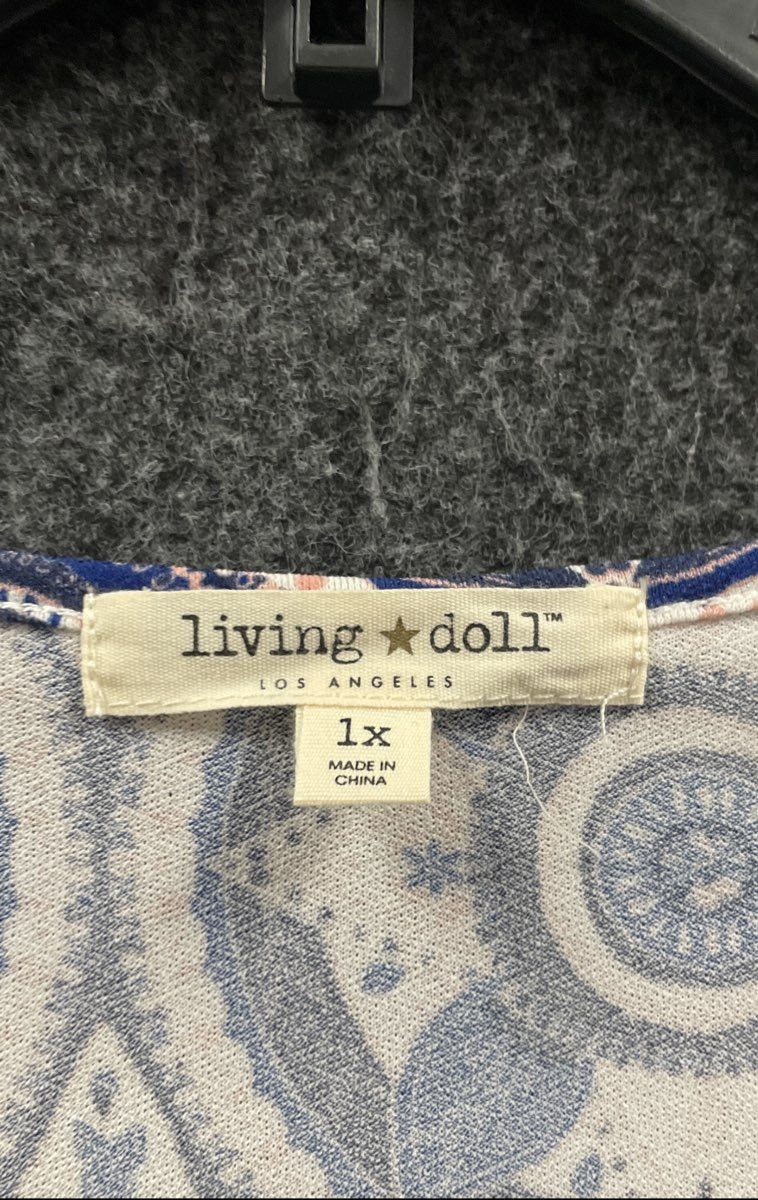 Living Doll Women's Blue Ivory Geometric Medallion Sharkbite Hem Dress Sz 1X NWT