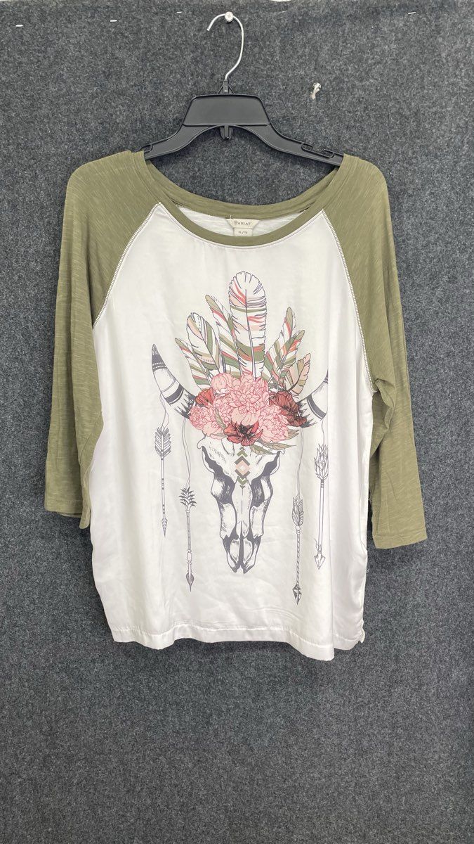 Ariat Women's Raglan Shirt 3/4 Sleeve White Green Bull Skull Floral Boho Sz XL