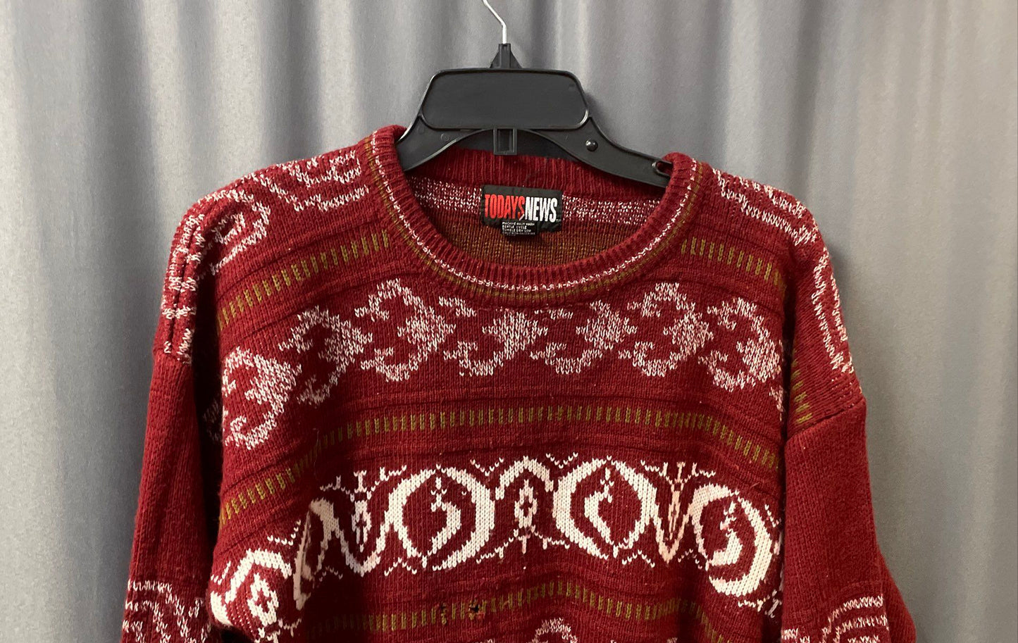 Vintage 90s Todays News Geometric Fair Isle Knit Burgundy Sweater Sz M