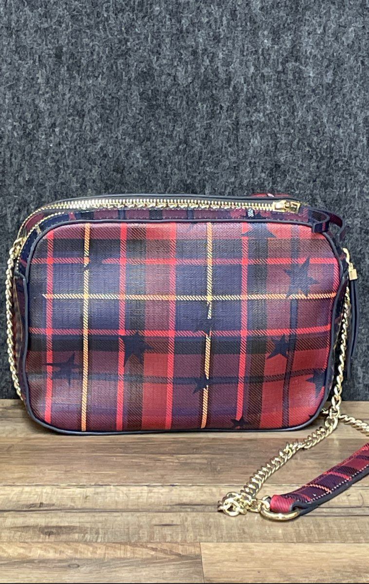 Tommy Hilfiger Red Plaid Stars Double Zip Camera Crossbody Bag Gold Hardware