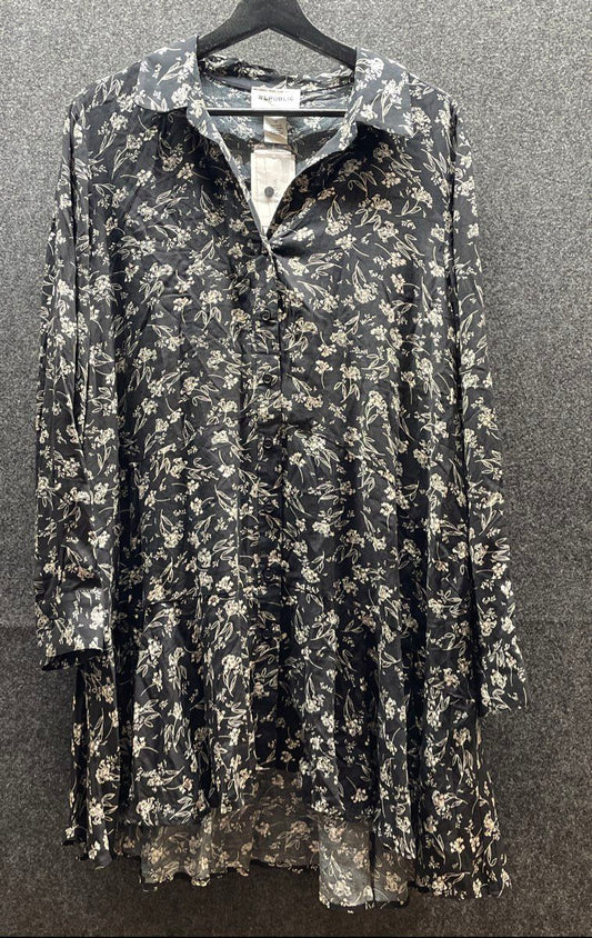 For the Republic Women's Black Dandelion Print Tiered Shirt Dress Size 1X NWT