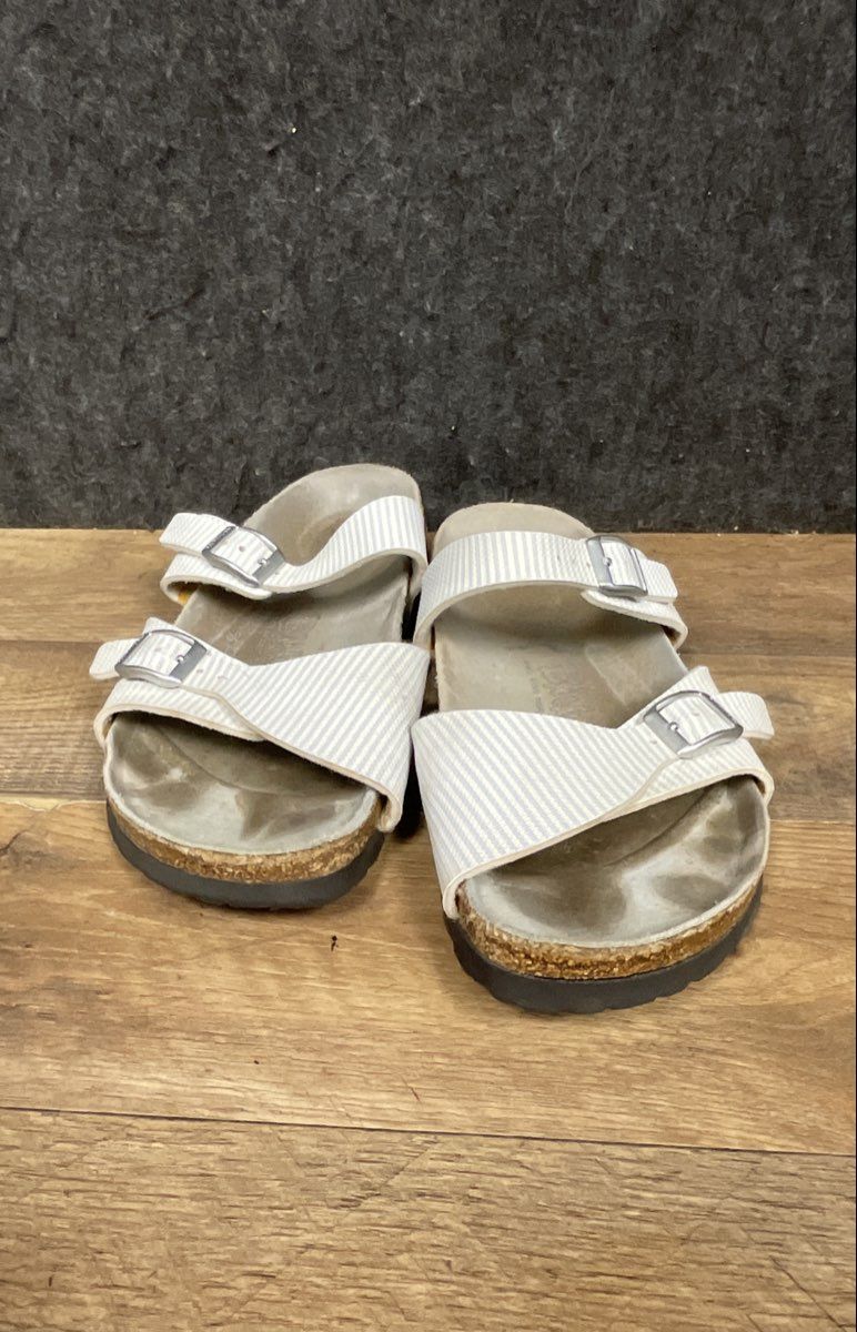 Birkenstock Salina White Ribbed Three Strap Slide Sandals Women's Size 8 EU 39