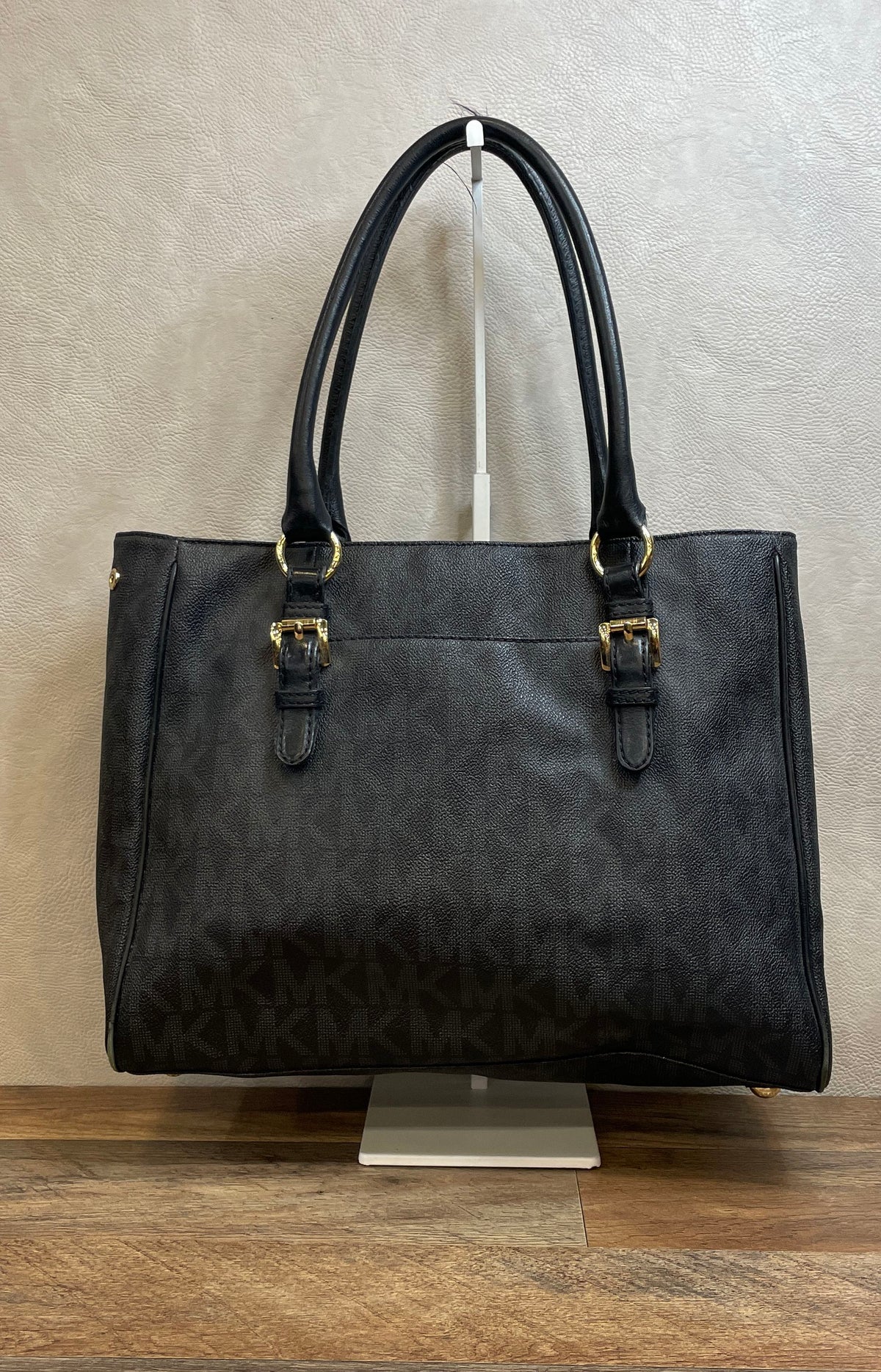 Michael Kors Black Signature Monogram Canvas Tote Bag Gold Hardware