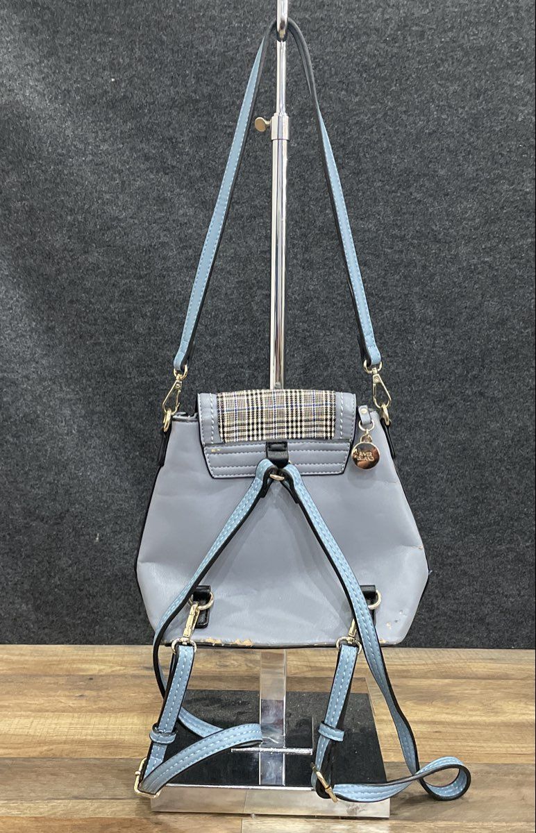 River Island Blue Mixed Media Plaid Faux Fur Mini Backpack Crossbody Bag