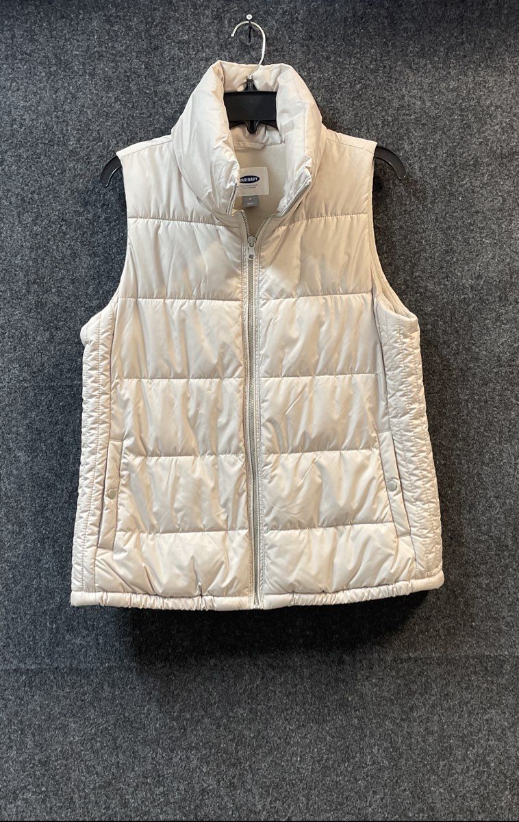 Old Navy Women's Quilted Puffer Vest Jacket Cream Fleece Lined Full Zip Size M