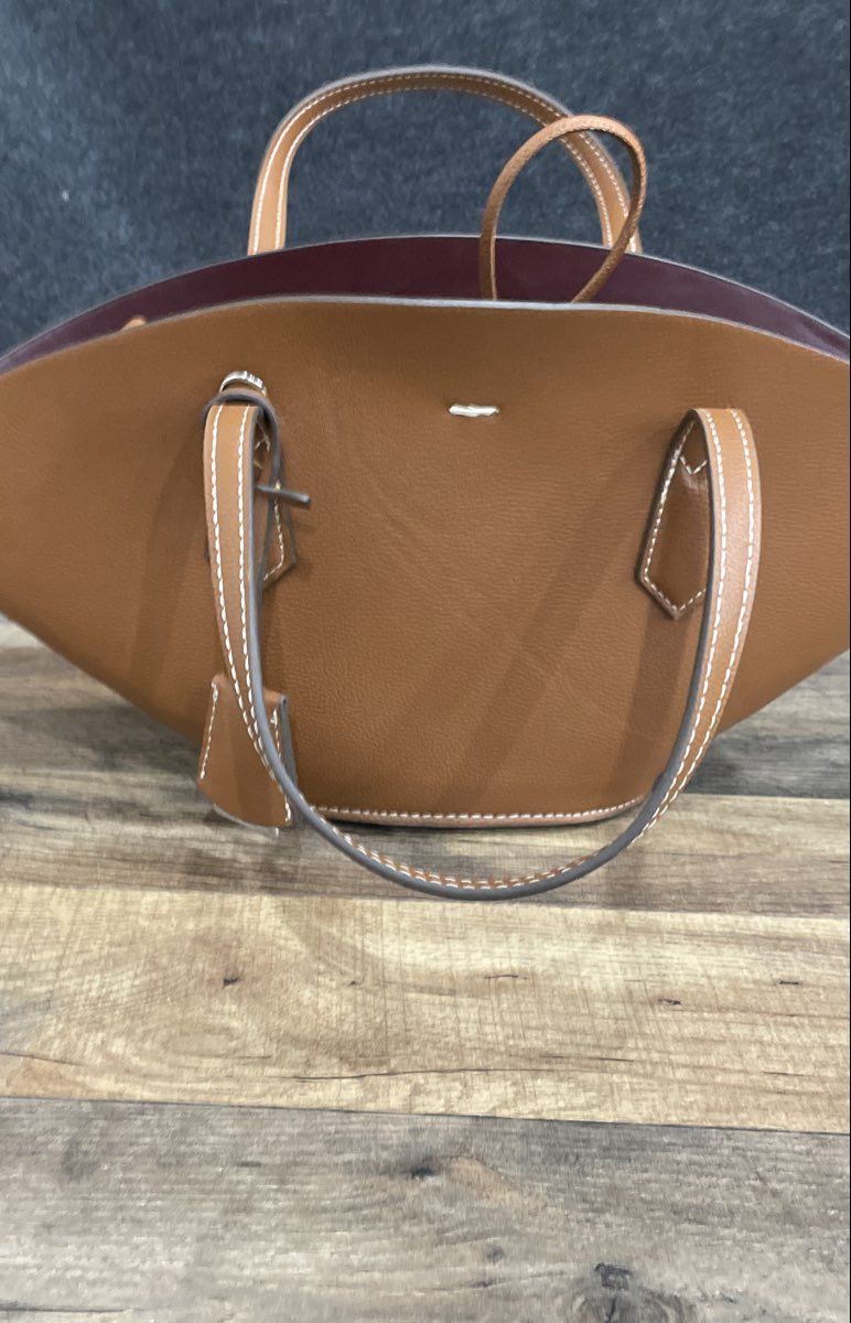 Zara Tan Pebbled Architectural Fan Tote Bag with Contrast Stitching & Pouch
