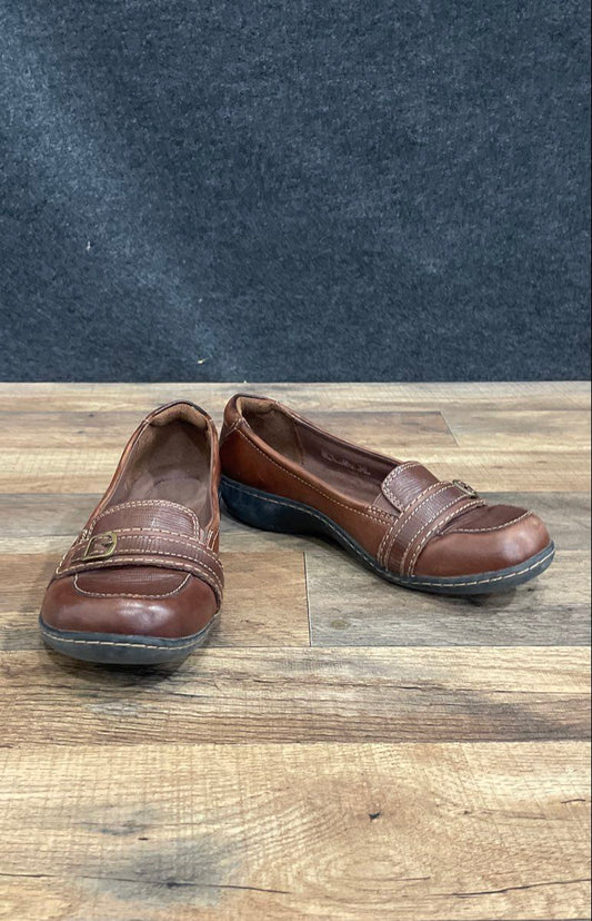 Clarks Ciera Gull Brown Leather Moc Toe Buckle Loafers Flats Women's Size 6.5W