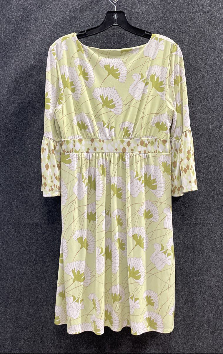 Bob Mackie Studio Womens Green Floral Ruched Bell Sleeve Empire Waist Dress Sz L