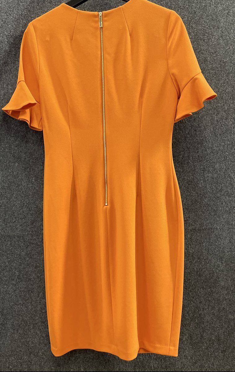 Calvin Klein Women's Orange Ruffle Flounce Sleeve Sheath Dress Sz 10