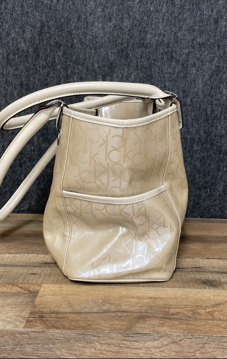 Calvin Klein Beige Monogram Coated Canvas Tote Bag Silver Hardware