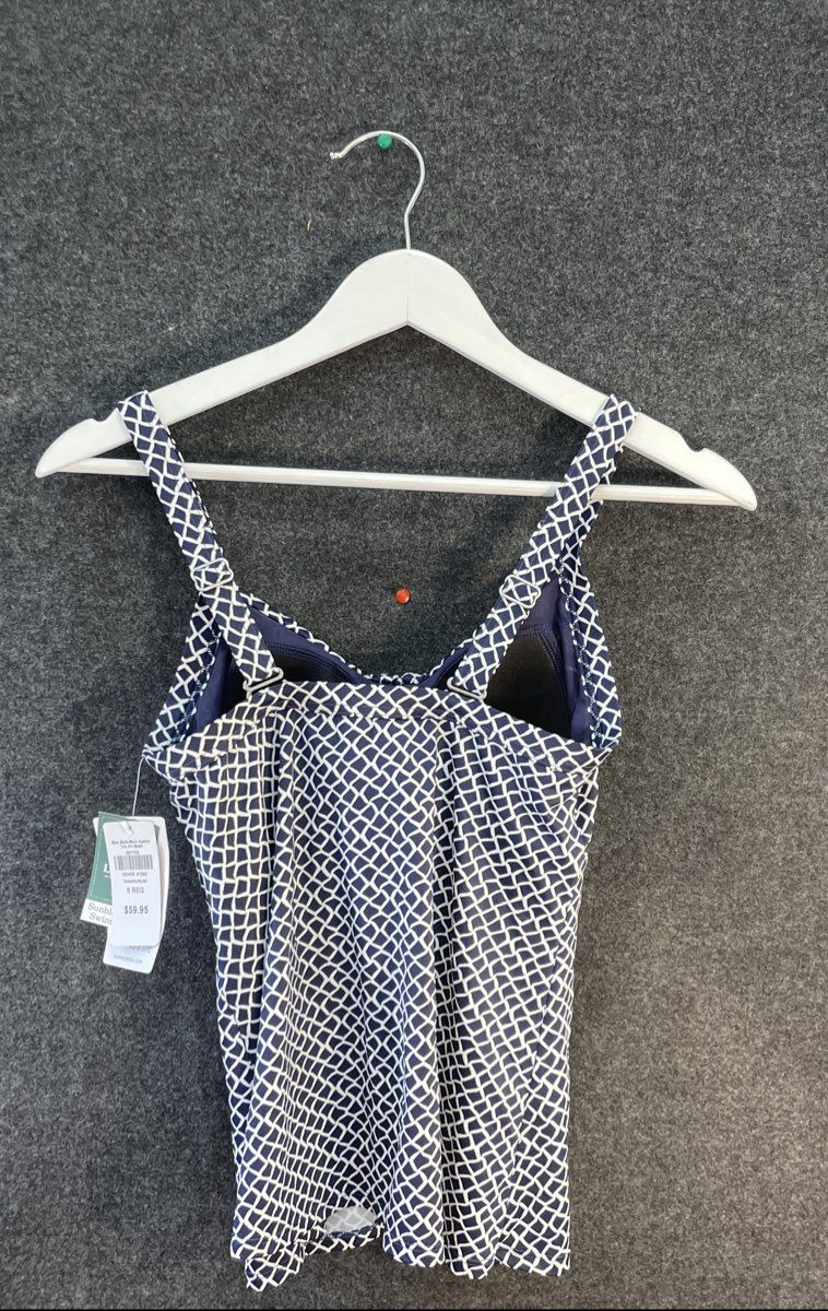 L.L.Bean Women's Navy White Geometric Sweetheart UPF 50+ Tankini Top Sz 6 NWT