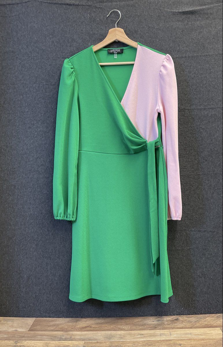 Kasper Women's Green Pink Two Tone Faux Wrap Long Sleeve V-Neck Dress Sz S