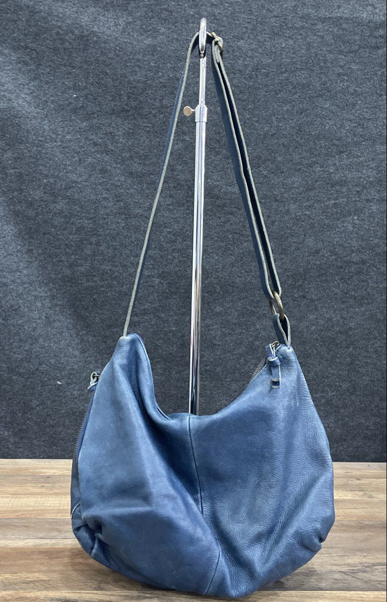 Vintage 2000s Tano Blue Leather Multi Pocket Hobo Shoulder Bag Brass Hardware