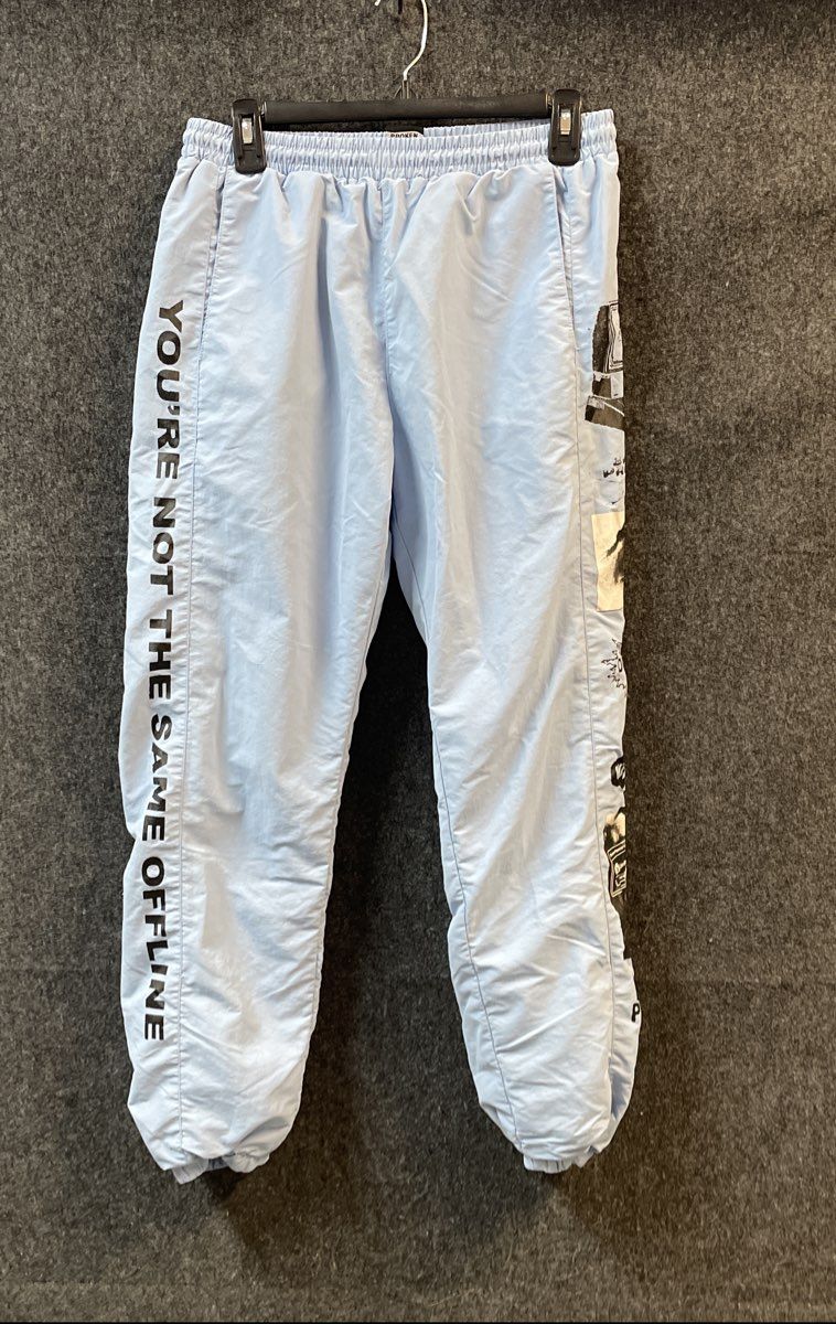 Broken Promises Men's Light Blue Graphic Nylon Track Pants Joggers Size Medium