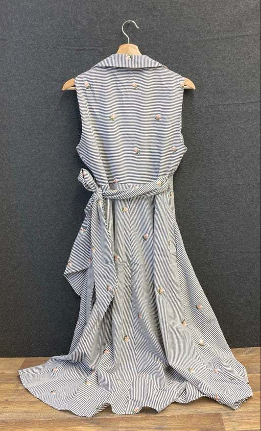 Calvin Klein Women's Striped Floral Embroidered Faux Wrap Midi Dress Sz 12