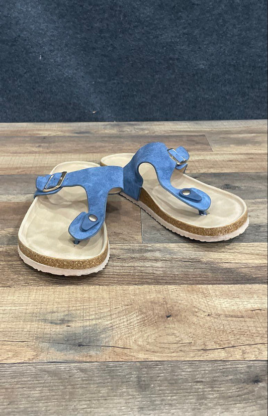 Unbranded Blue Faux Suede T-Strap Cork Footbed Thong Sandals Size 11 Length 12"