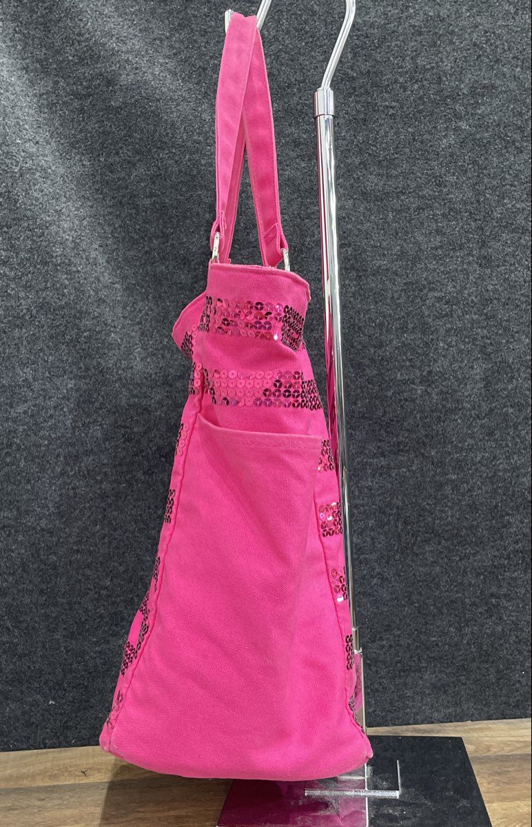 Victoria's Secret Pink Canvas Sequin Stripe Tote Bag Large Silver Hardware