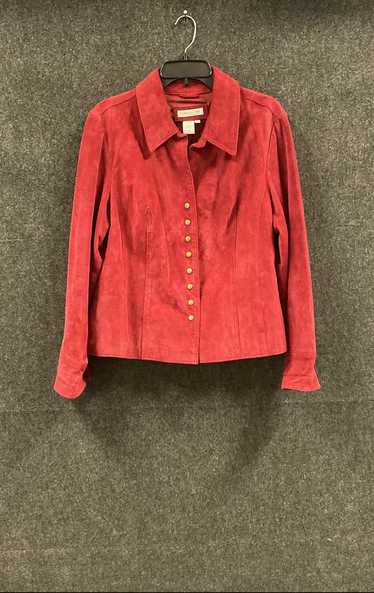 Coldwater Creek Women's Red Suede Leather Jacket Button Front Collared XL