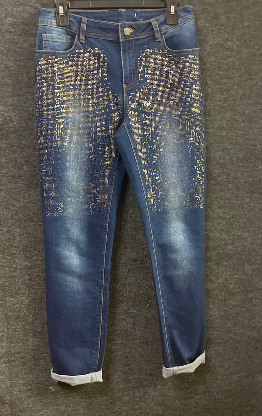 AZI Women's Dark Blue Gold Studded Embellished Skinny Denim Jeans Sz 8