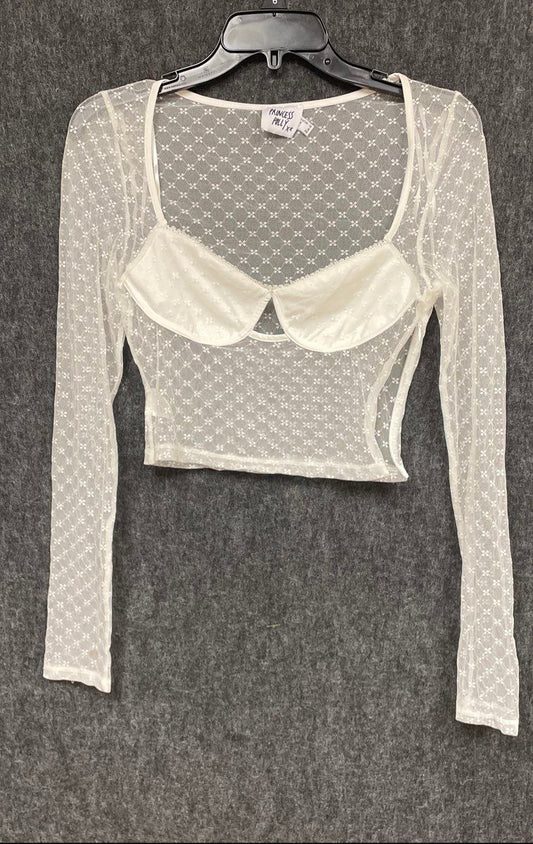 Princess Polly Hot Fuzz Crop Top White Sheer Mesh Bustier Long Sleeve Women's 8