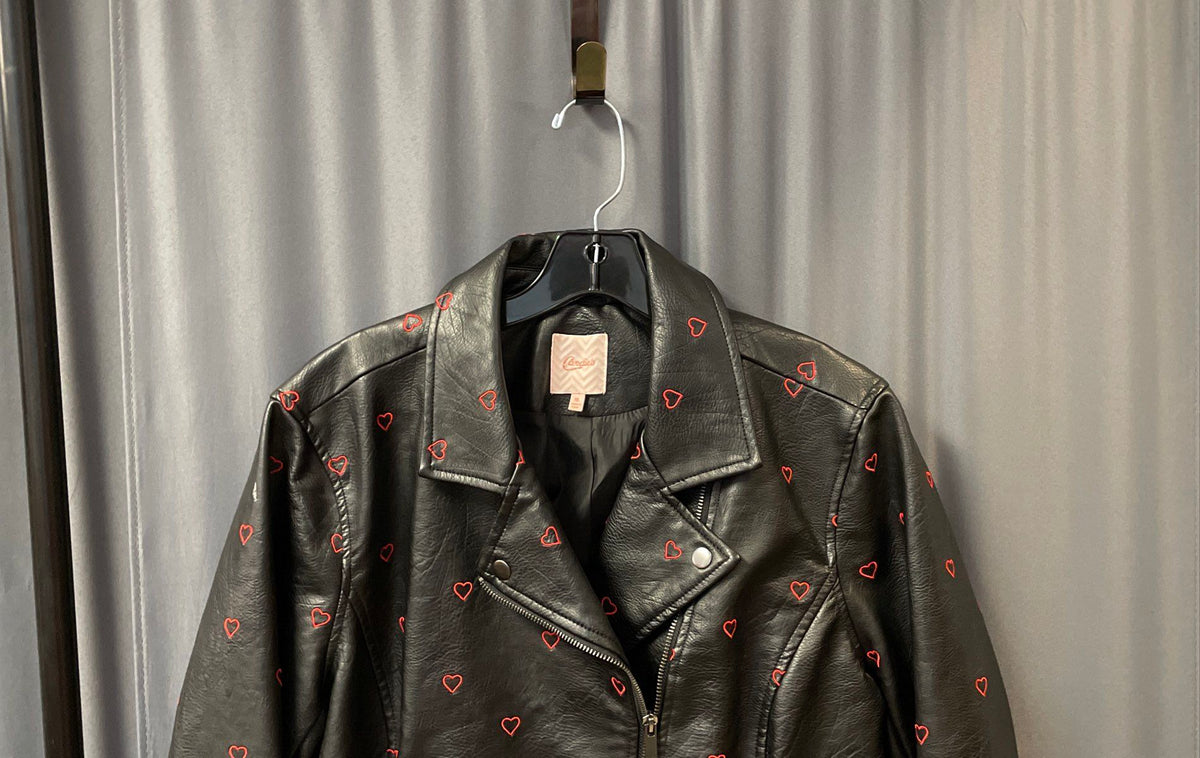 Candie's Women's Black Embroidered Hearts Faux Leather Moto Jacket Sz XL
