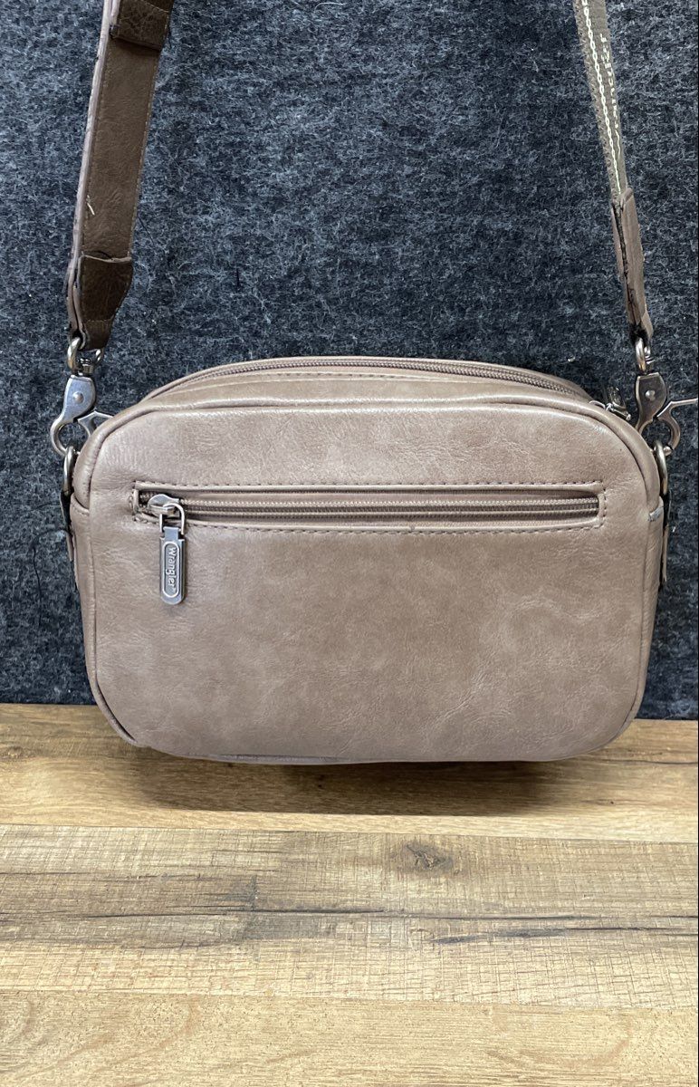 Wrangler Taupe Faux Leather Whipstitch Crossbody Bag Branded Strap
