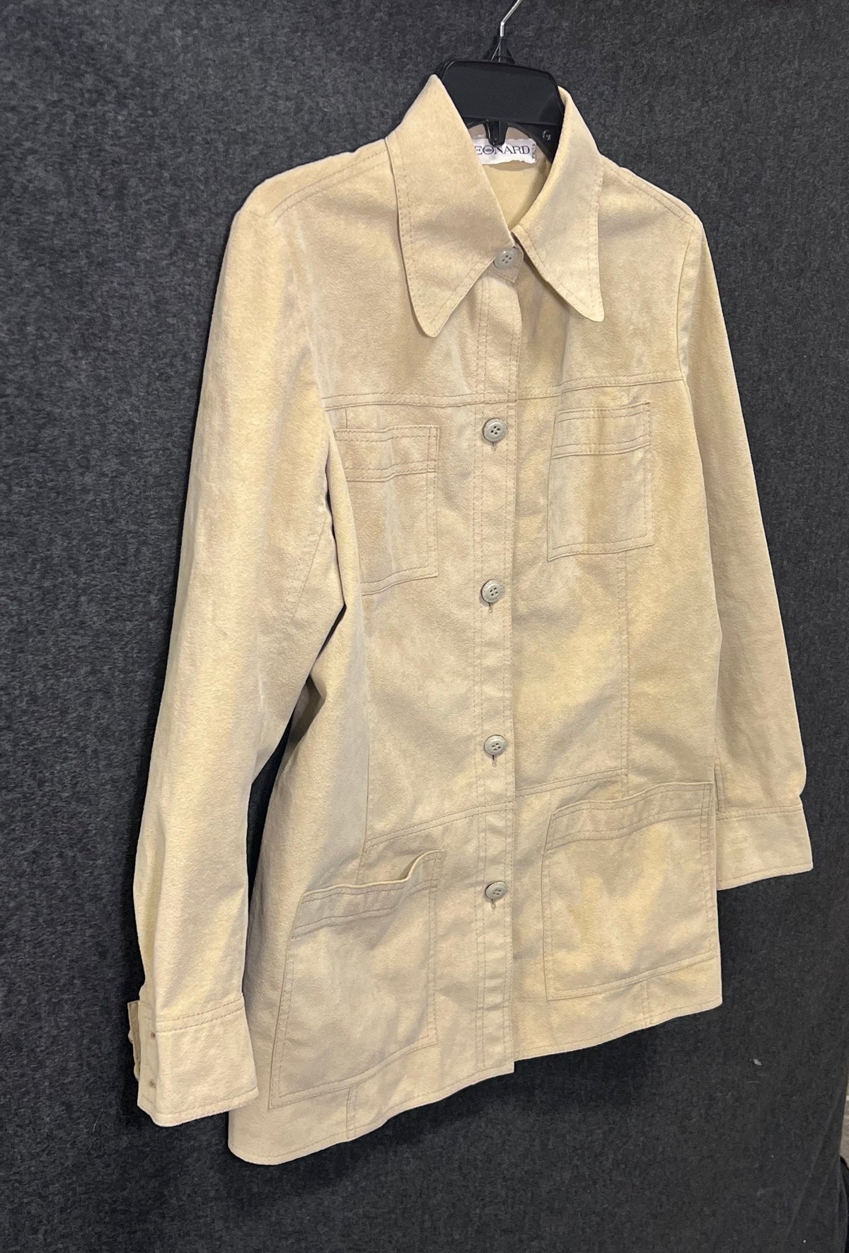 Vintage 90s Leonard Paris Women's Tan Faux Suede Safari Jacket France Size 2
