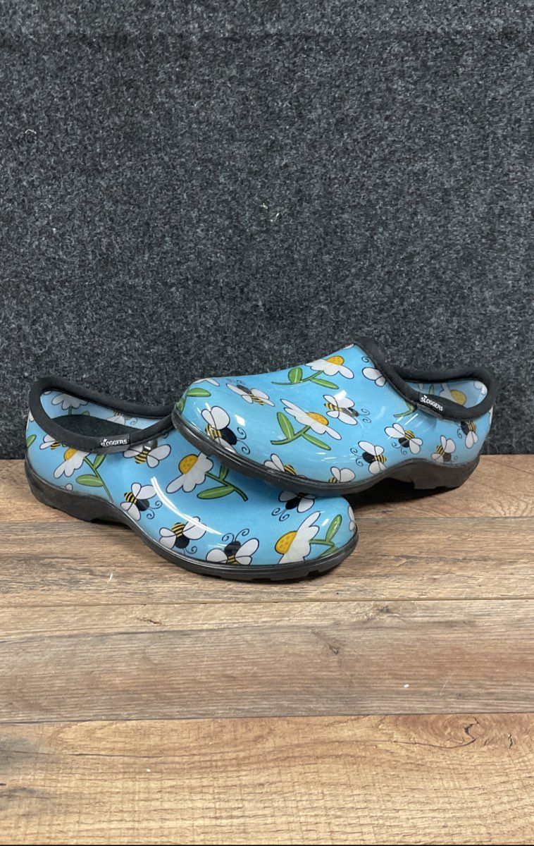 Sloggers Blue Daisy and Bee Print Waterproof Garden Shoes Rain Clogs Size 11