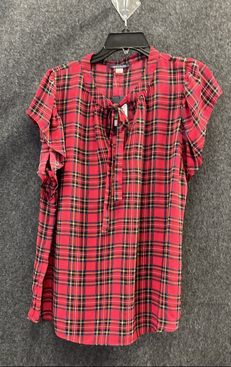 Tommy Hilfiger Women's Red Plaid Tie Neck Ruffle Sleeve Blouse Top NWT Sz L