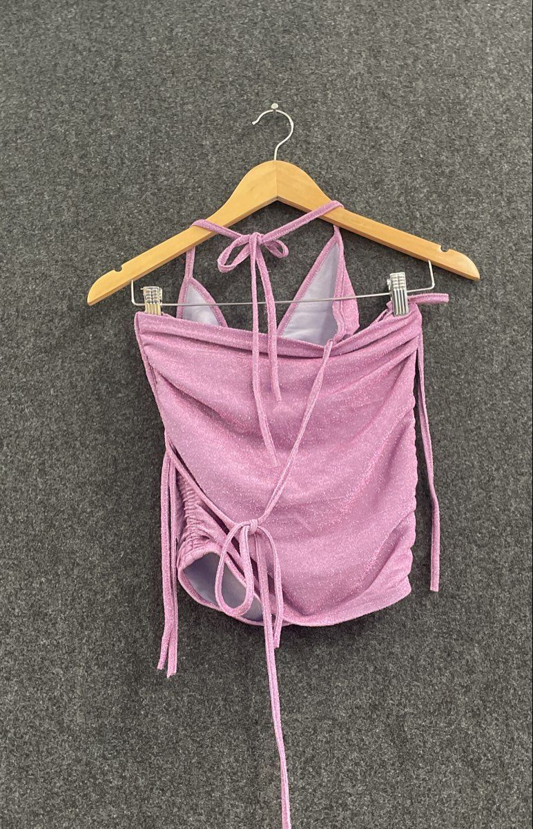 Sorelle UK 3-Pc Set Pink Glitter Shrug Halter Top Ruched Skirt Sz XS NWT