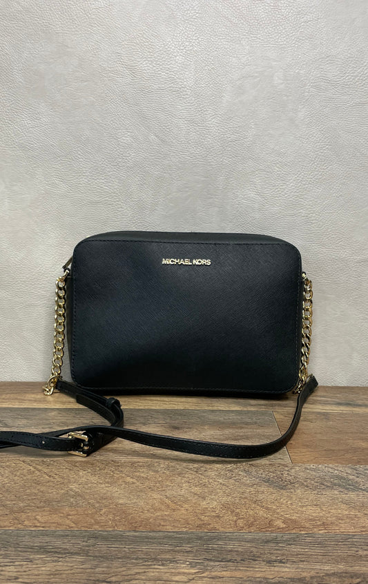 Michael Kors Black Saffiano Leather Jet Set East West Crossbody Bag Gold