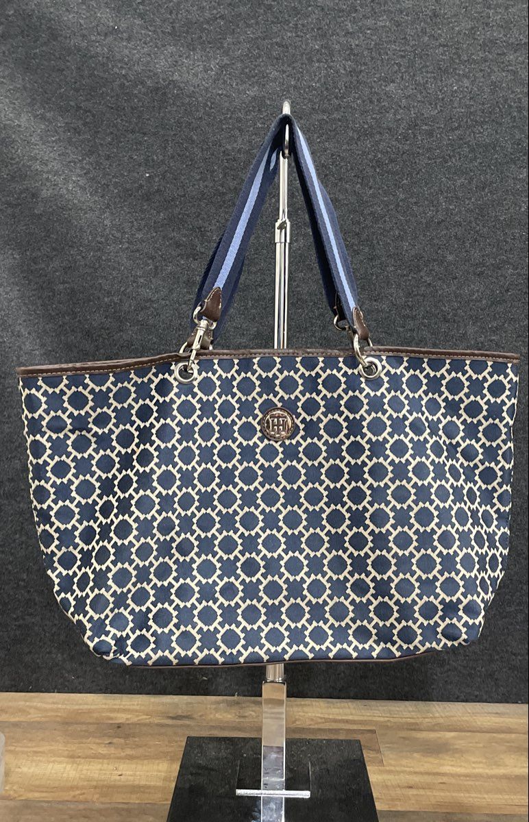 Tommy Hilfiger Navy Blue White Geometric Canvas Tote Bag Striped Straps Large