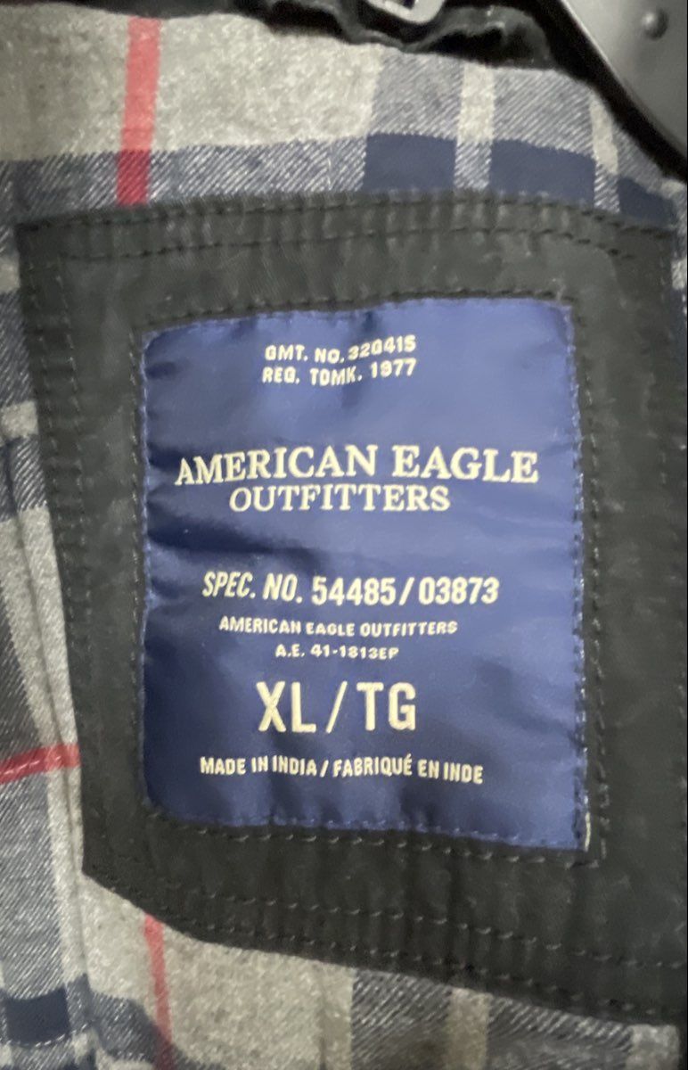 American Eagle Men's Black Canvas Field Jacket Plaid Lined Full Zip Sz XL