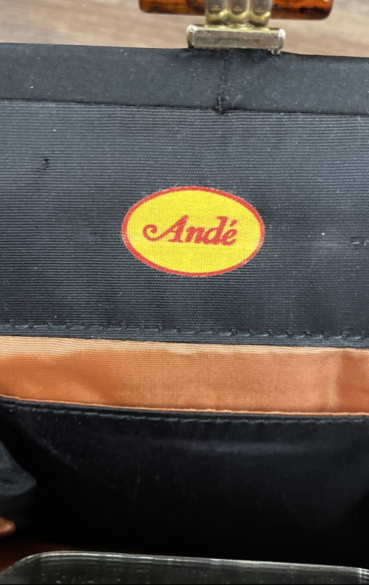 Vintage Ande Black Satin Evening Bag Clutch Gold Chain Amber Clasp Mirror