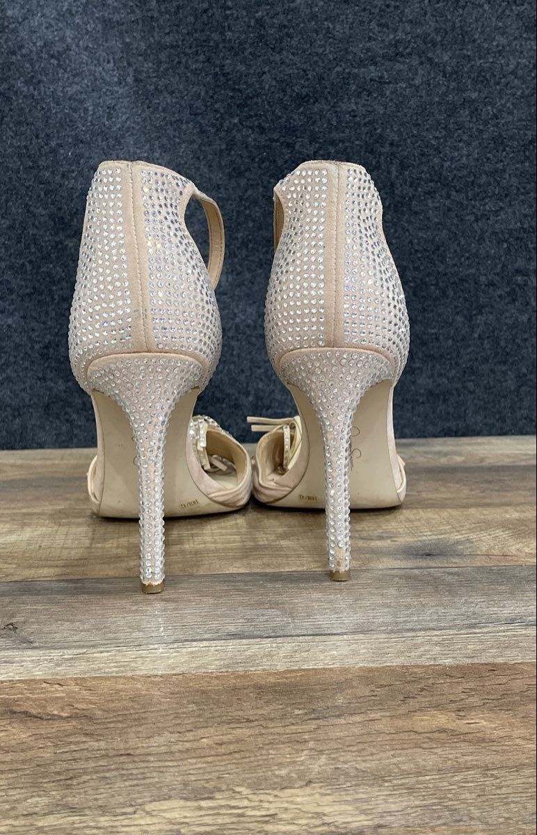 Jessica Simpson Jillar Pink Rhinestone Fringe Ankle Strap Heels Size 10M